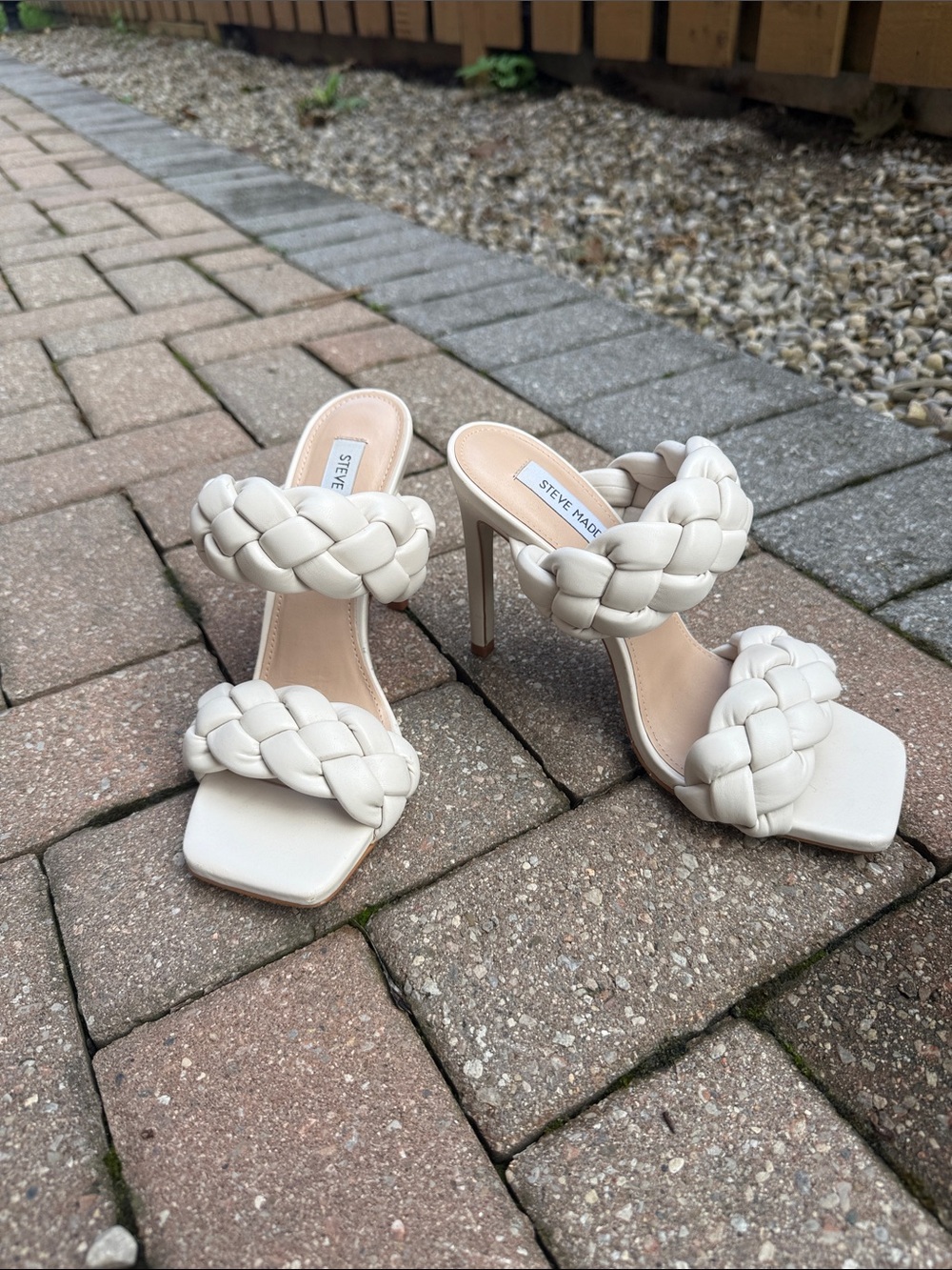 Steve Madden Braided Double-Strap Stiletto Sandals in Cream